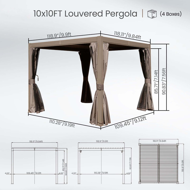 Pergola d'extérieur à persiennes avec persiennes réglables, H 90,83 po x l 118,9 po x P 118,11 po, Brun