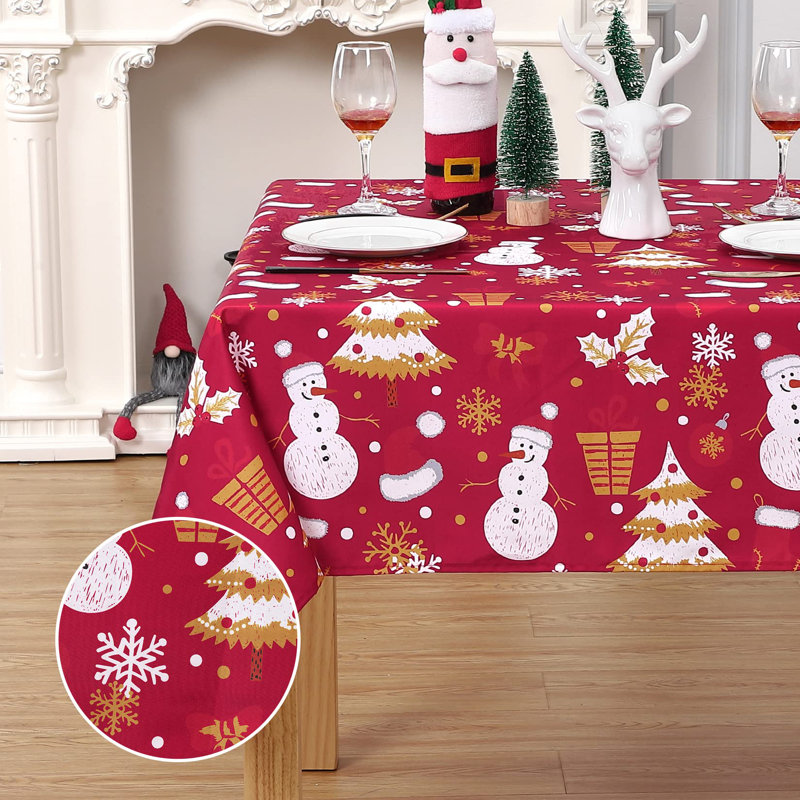 Red Christmas Snowman Print Tablecloth in 180GSM Oxford Fabric | Waterproof Wipeable Dining Cover for Kitchen, Living Room & Holiday Parties