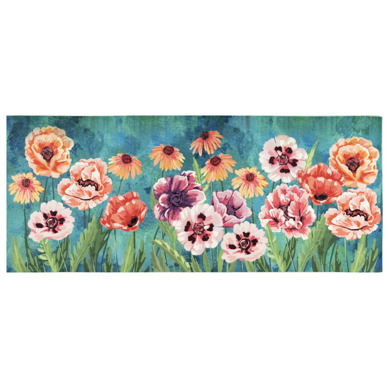 Bloodworth Floral Polyester Water Resistant Non-Skid Kitchen Mat, Rectangle 1'11" x 2'11"