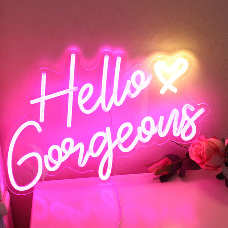 Hello, magnifique enseigne au néon, Hello, belles lumières à DEL roses pour la fête d'anniversaire de mariage, fête de bacelorette avec interrupteur à intensité variable (5 V, 16,5 x 10,6 pouces)