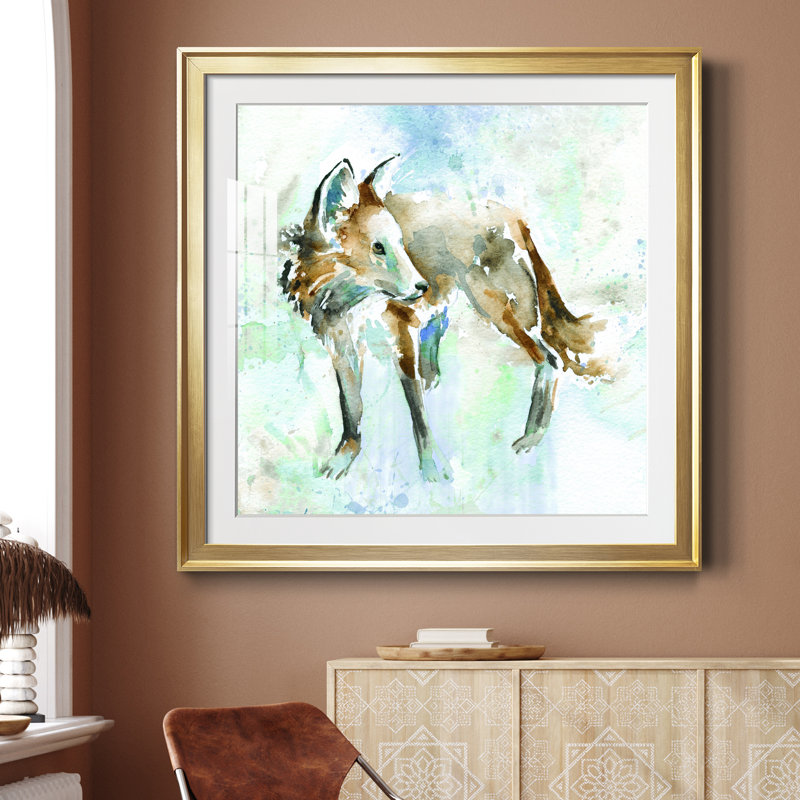 Renard sur fond bleu - peinture encadrée, Papier encadré doré, H 26,5 po x l 26,5 po x P 1,5 po