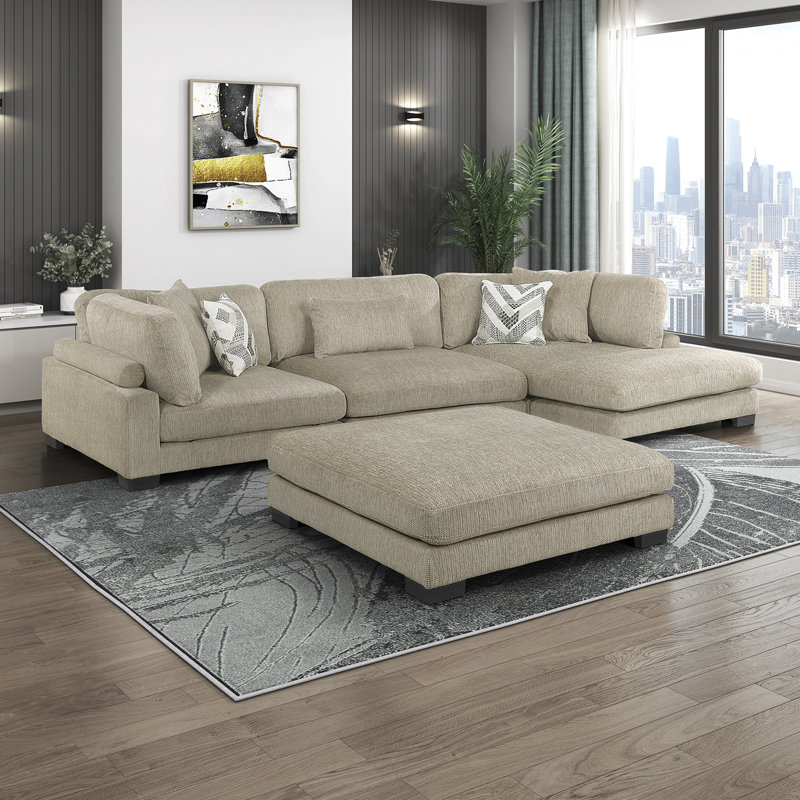 Canapé modulaire moderne 135 po avec tissu en microfibre Hulett, Microfibres brunes, H 34,5 po x l 135 po x P 70 po