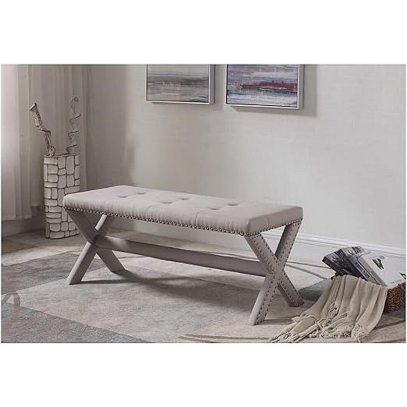 Banc d'appoint Glam avec garniture cloutée et siège capitonné, banc de chambre rembourré, Gris