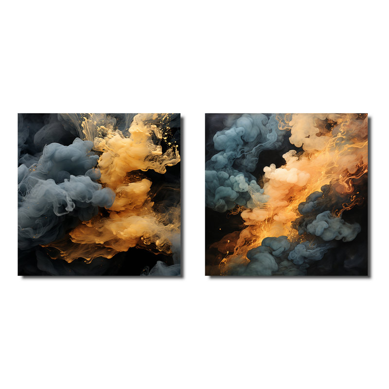 Ensemble de 2 reproductions d'art sur toile abstraites gris et orange, Toile tendue, H 16 po x l 33 po x P 1 po
