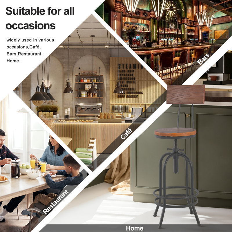 Ensemble de 4 tabourets de bar industriels avec dossier pivotant et siège en bois à hauteur de comptoir de bar réglable de 26 à 32,3 pouces