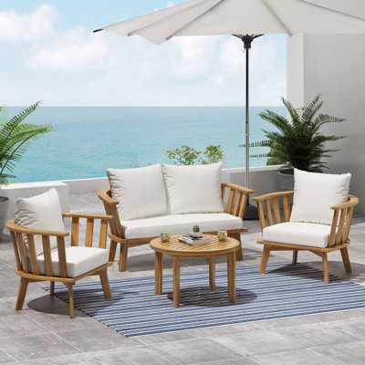 Ensemble de meubles de patio en bois d'acacia 4 pièces, mobilier d'extérieur avec table basse, ensemble de conversation pour patio avec coussins moelleux, chaises de véranda pour le balcon de la cour arrière