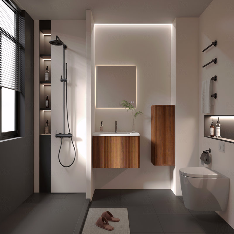 Bathroom Floating Side Cabinet, Wall-Mounted Storage Cabinet, Walnut