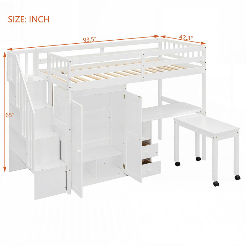 Lit mezzanine en bois de pin robuste avec conception de maisonnette et rangement intégré, parfait pour les pièces et les petits espaces
