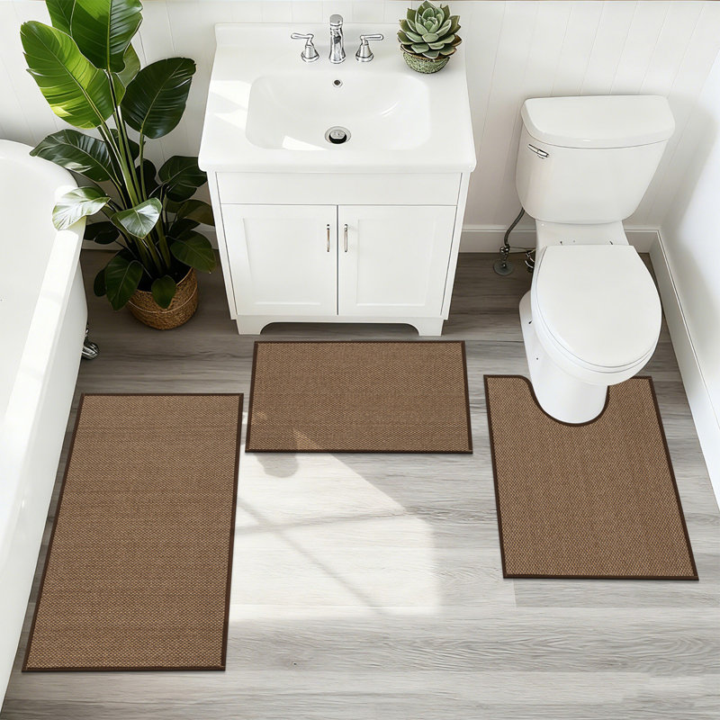 3 Piece Soft Absorbent Microfiber Bath Rug Set With Non-Slip Backing, Brown/Gold