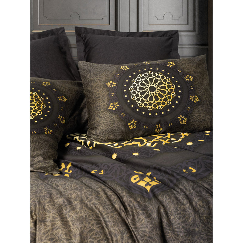 100% Cotton Satin Double Quilt Cover Set, Anthracite, Includes Duvet Cover (78.7 x 86.6), Flat Sheet (94.5 x 102.4), 4 Pillowcases (19.7 x 27.6) | Machine Washable, 300 Thread Count, Elegant Digital Print Design, Button Closure