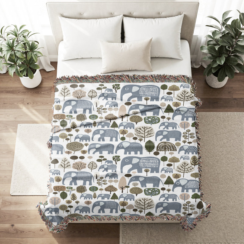 Jeté en mélange de coton Alfie Elephant, Bleu clair / blanc cassé, L 70 po x l 50 po