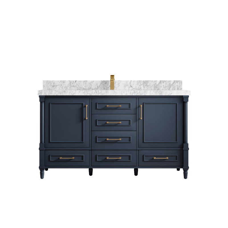 Aberdeen 60'' Single Bathroom Vanity with Quartz Top, Dark Forest Blue, Carrara Marble