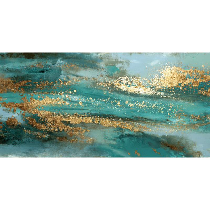 Impression sur toile bleu sarcelle, abstrait bleu et doré, H 27,5 po x l 55 po x P 1,5 po