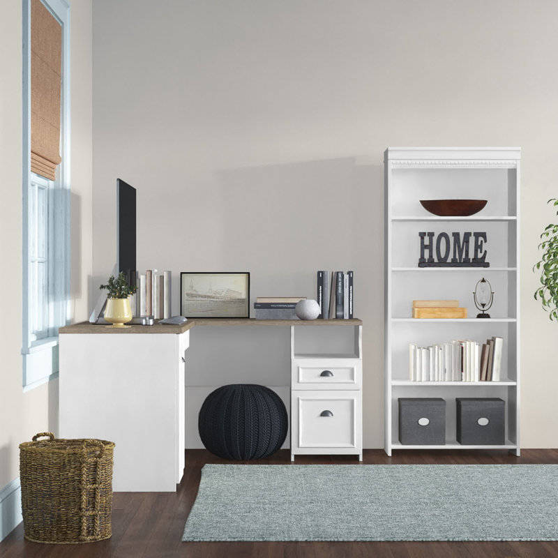 Ozro L-Shaped Executive Desk, Shiplap Gray/Pure White