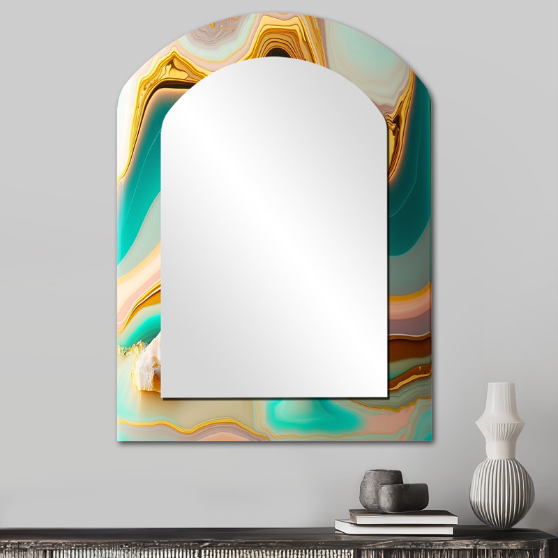 Liquide, agate bleue, turquoise, agate I - miroir décoratif asymétrique à formes abstraites, grand miroir mural moderne, impression sur métal
