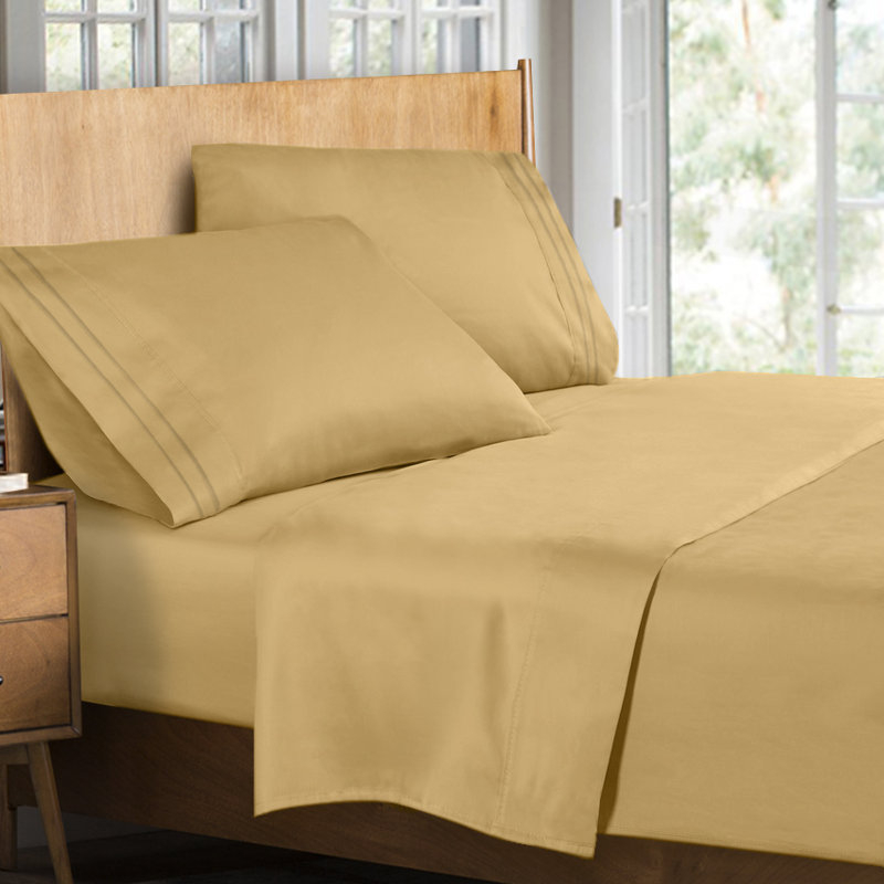 Ensemble de draps à rayures 1500 fils, Chameau doré, Ensemble de draps pour lit double + drap-housse + 
