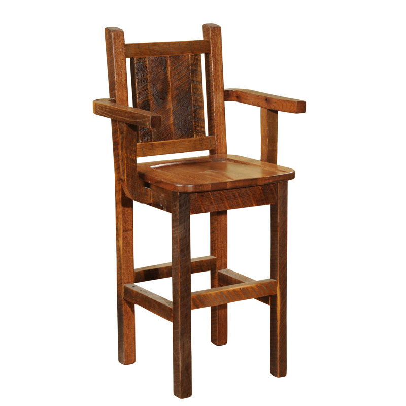 Fireside Lodge Barnwood Artisan Square Counter Stool with Back and Arms - Wood Seat and Back - Antique Oak - Standard