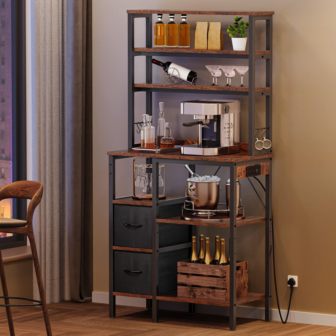 Kitchen Storage Rack With Power Outlet, 2 AC Outlets 2 USB Ports, Coffee Bar, Baker's Rack With 2 Drawers And 4 Hooks, Microwave Shelf