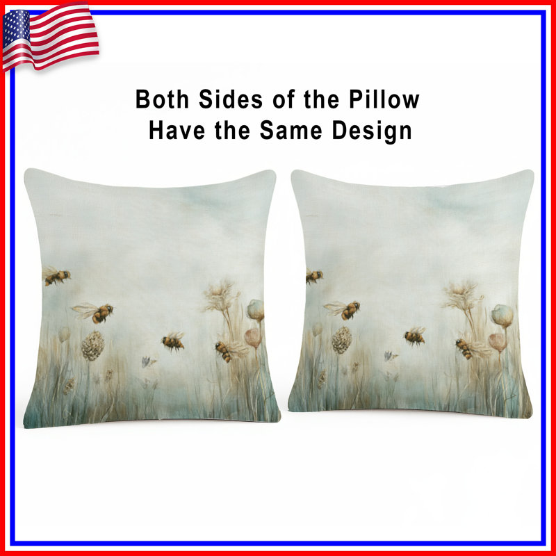 Bees In Meadow Double Sided Throw Pillows, 14 x 14 inches