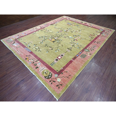 Tapis vert noué à la main 9 pi 2 po x 11 pi 8 po d'inspiration art déco chinoise, teinture végétale, laine douce et veloutée, tapis oriental noué à la main