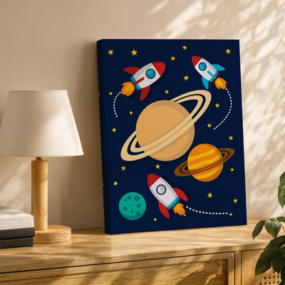 Toile, une scène de l'espace fantaisiste mettant en vedette des planètes et des art murales colorées de style caricature sur fond bleu marine
