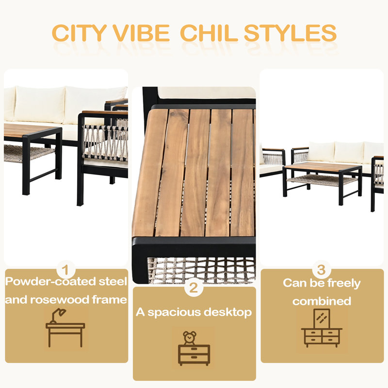 Ensemble de canapé modulaire d'extérieur 4 pièces pour 4 personnes avec ensemble de conversation avec coussins et table basse pour patio