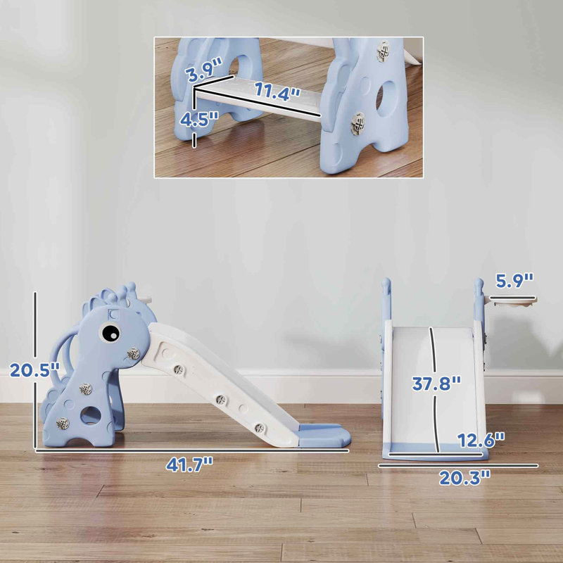 Glissade autoportante avec conception de girafe, 3 étapes, grimpeur, cerceau, construction, surface antidérapante, mains courantes latérales pour plus de stabilité, 1 an et plus approuvé, bleu et blanc, installation facile, entretien, apparence