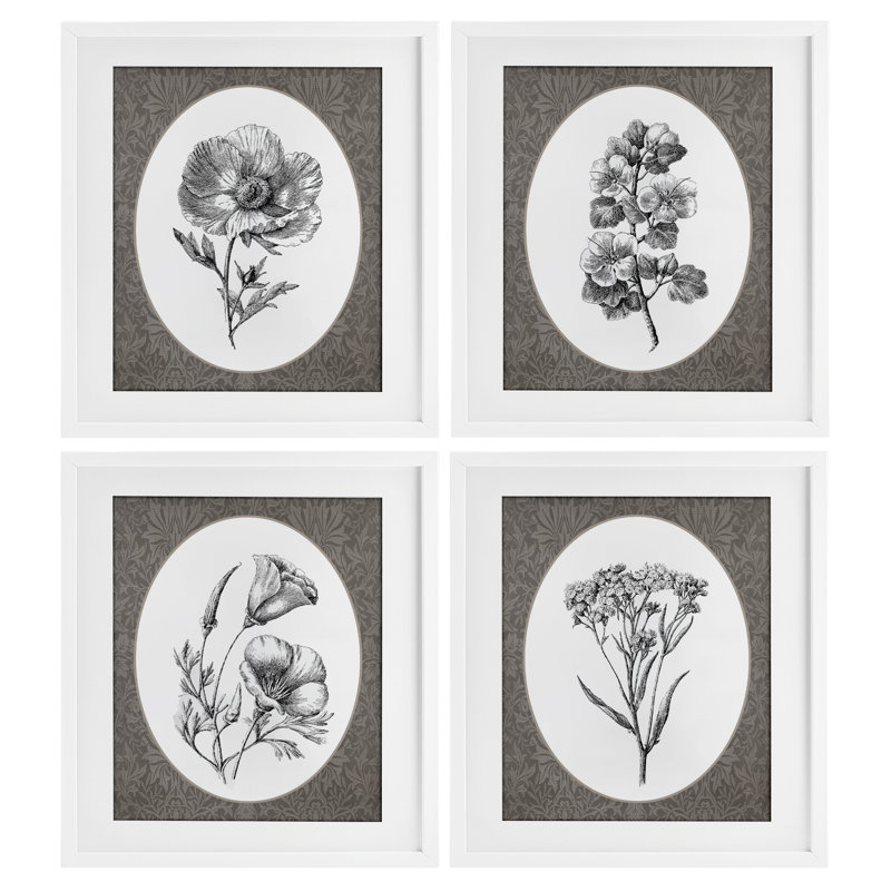 «Ornate Blooms over Damask», ensemble de 4 reproductions encadrées sous verre, H 21 po x l 17 po, Cadre noir minuit