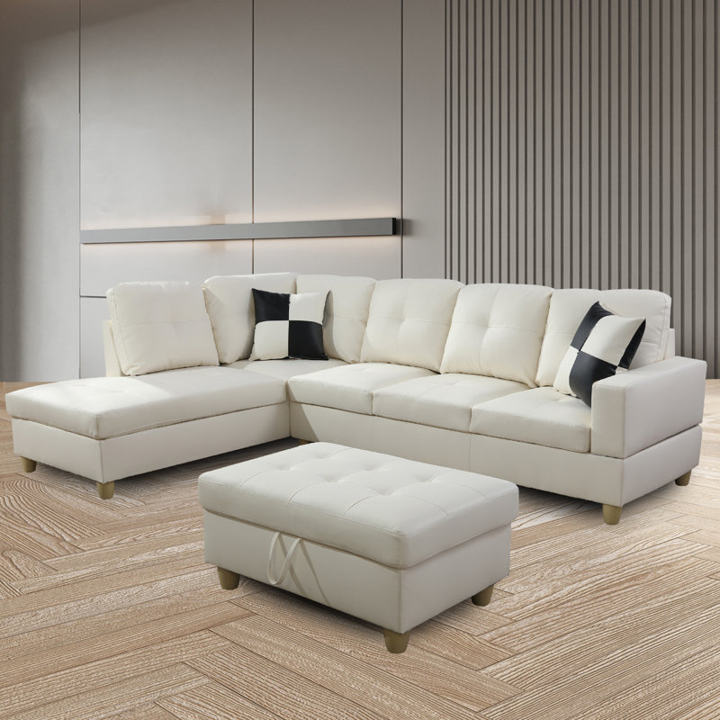 Ensemble de salon modulaire en similicuir 3 pièces Elsiana, Accoudoir à droite (vu de face), Similicuir blanc