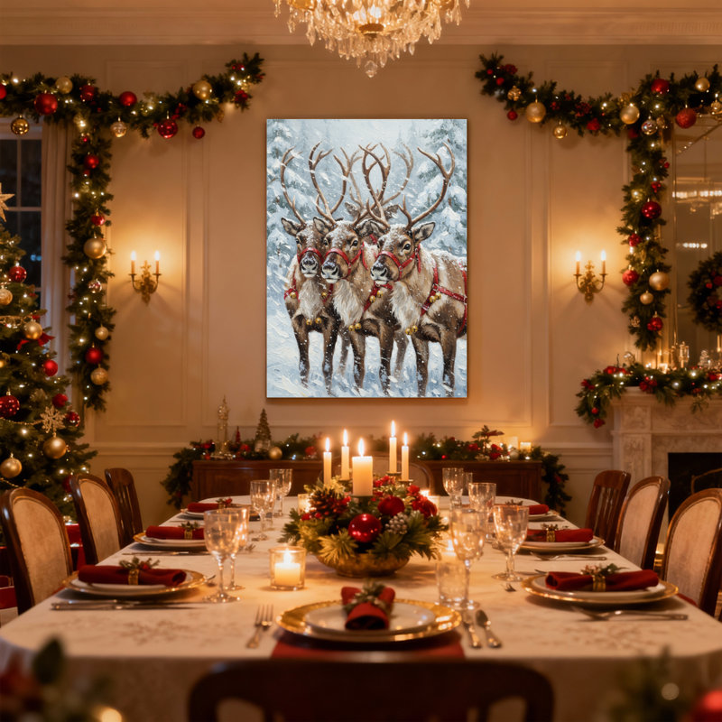 Renne de Noël debout dans une forêt enneigée, ensemble de 3 impressions sur toile, H 18 po x l 12 po