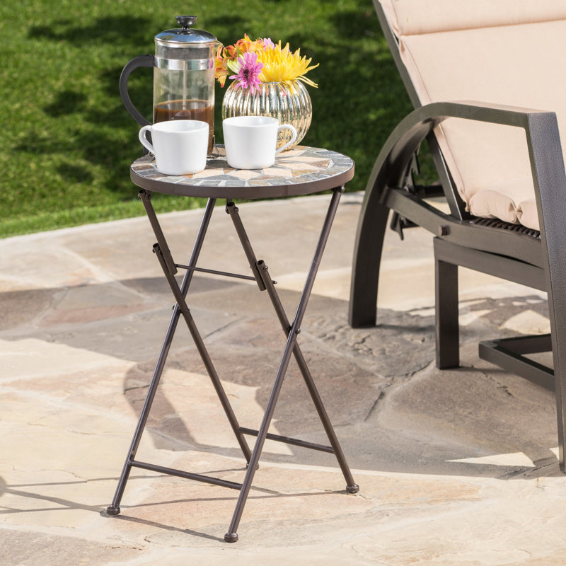 Table d'appoint pliable avec belle surface en mosaïque de pierre, l 14 po x P 22 po, carreau de céramique beige et noir, fonction et décor en fer de style transitionnel, l 14 po x P 21,87 po