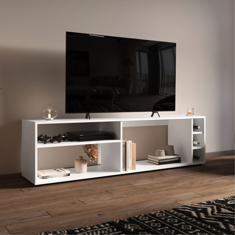 White 63" Tv Stand For 65" Tv, With 3 Open Shelves, Bottle & Fashionable Design Stand, Accommodates Shelves, White