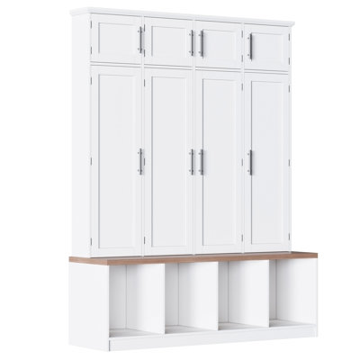 Farmhouse Hall Tree With 4 Hidden Hanging Hooks, Versatile Walnut Seating Bench With 8 Doors, Entryway Shoe Cabinet With Open Compartment For Living Room, White (OLD SKU:N721S000059K)