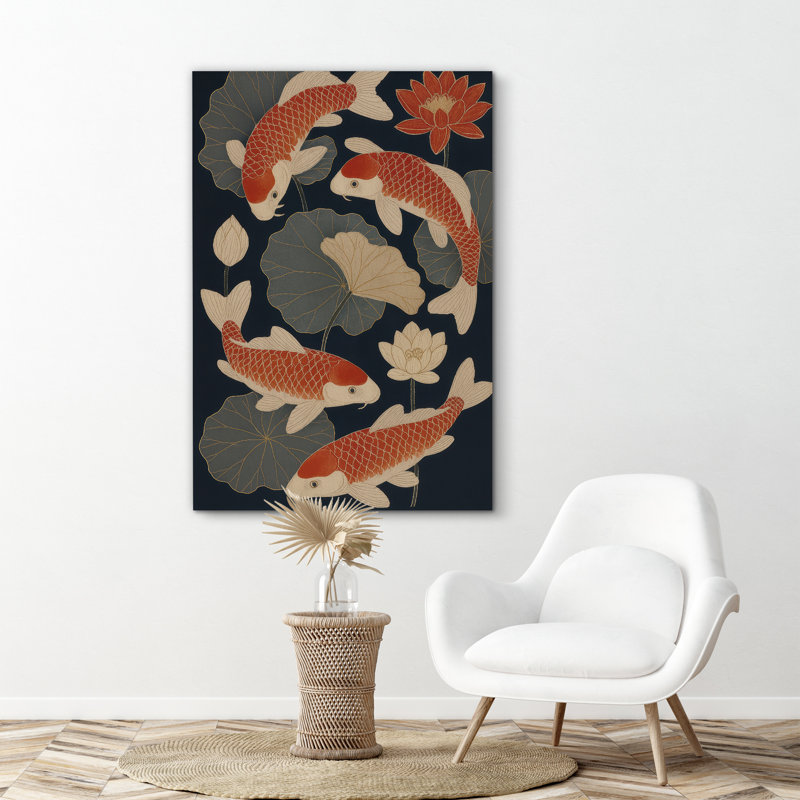 Coy, poisson et fleur de lotus sur fond bleu foncé - impression sur toile encadrée, H 18 po x l 12 po x P 1,5 po