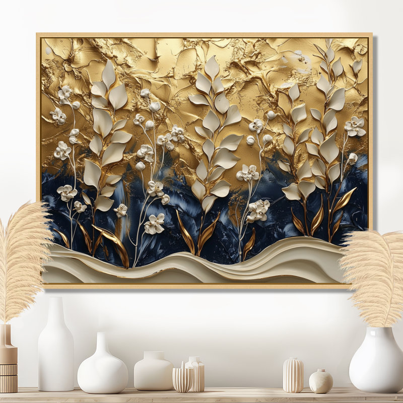 Or blanc, harmonie, herbes, art mural encadré, H 34 po x l 44 po, Cadre flottant, Crème, crème
