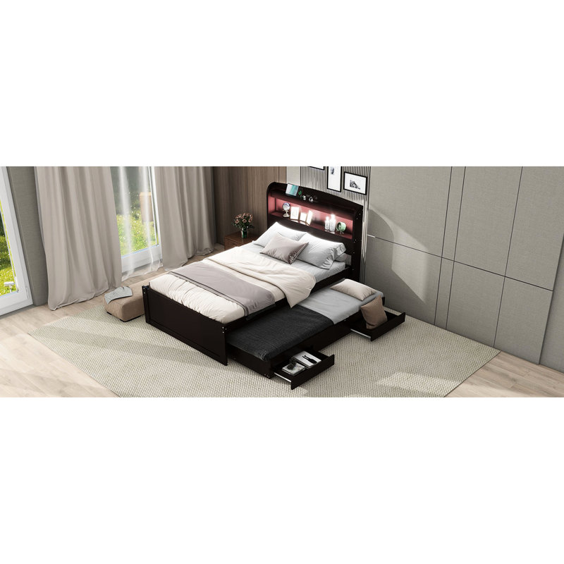 Dark Brown Twin Xl Bed With Storage, Led Headboard & Charging, 2 Drawers, Trundle Frame Size Platform Generous, Dark Brown