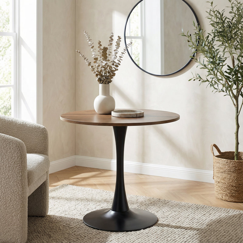 Contemporary Round Pedestal Dining Table with Solid Metal Base and Durable Engineered Wood Top for Compact Spaces, Walnut