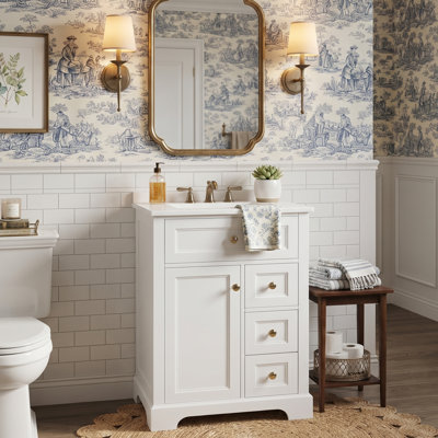 24" Solid Wood Frame Vanity Cabinet With Sink, Multi-Functional Storage With 3 Drawers & Door Rack (Green / White)