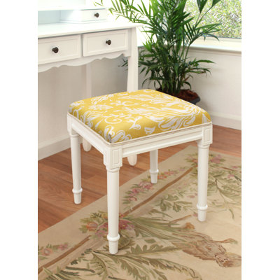 Camilly Taupe Tascan Floral Linen Upholstered Vanity Stool With Wood Stain Finish And Welting by Canora Grey