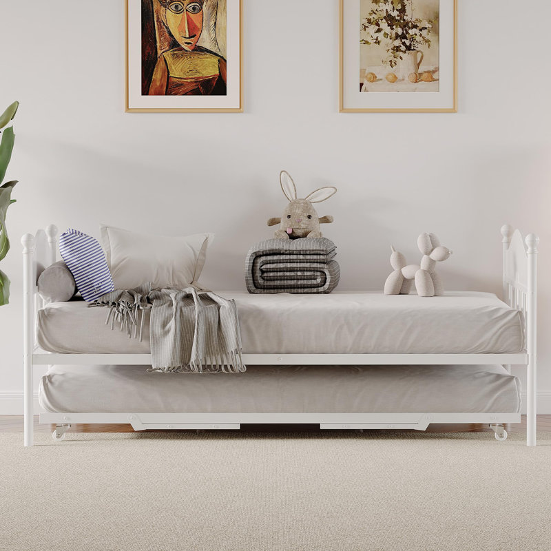 Twin Size Metal Daybed with Trundle Heavy Duty Sofa Bed Frame with Rustic Wood Headboard