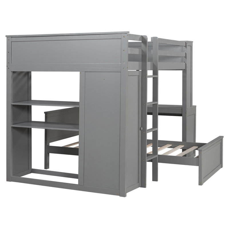 Lit mezzanine double avec lit simple autoportant, tablettes, bureau et garde-robe gris, Lit double, Gris