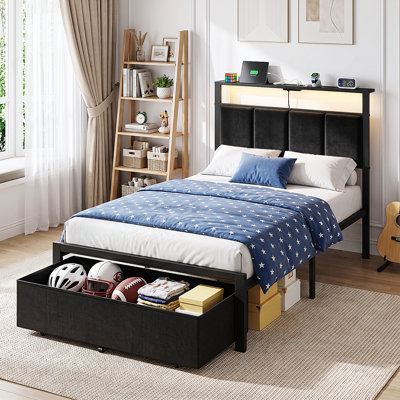 Upholstered Platform Bed with 3 Fabric Drawers and Open Storage Headboard, Adjustable LED Light and Charging Station, No Box Spring Needed