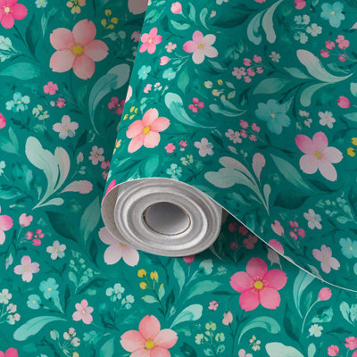 Papier peint adhésif décoratif à motifs floraux colorés (rose, bleu, turquoise), amovible et facile à poser soi-même. Idéal pour les locataires, il convient parfaitement à la chambre, au salon, à la cuisine et à la salle de bain. Parfait pour créer un mur d'accent.