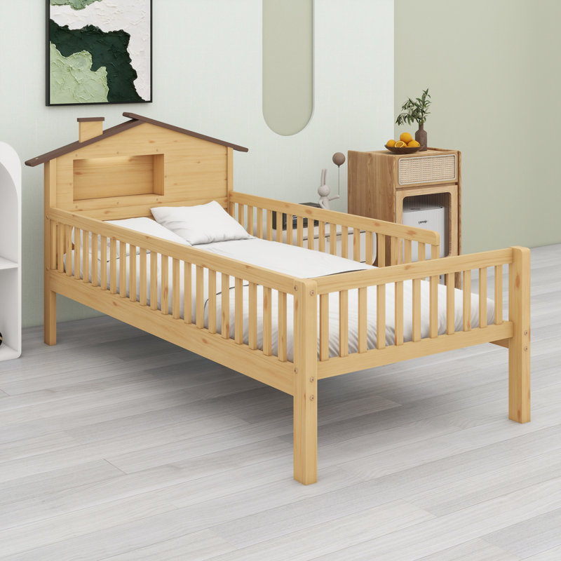 Lit plateforme avec tête de lit en forme de maison, DEL et rangement intégré, Naturel
