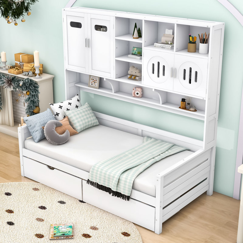 Lit de jour en bois avec tiroirs, armoires et tablettes de rangement intégrés, Simple, Blanc
