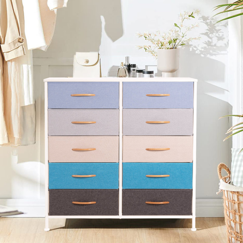 Commode 10 tiroirs Wendelyn, Bleu/gris/vert