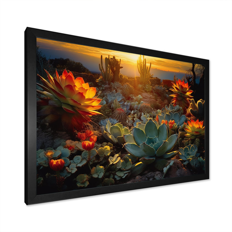 Succulent Desert Cactus Field Burning Sunset - Succulent Wall Art, H 34 po x l 44 po, Cadre photo unique, Noir