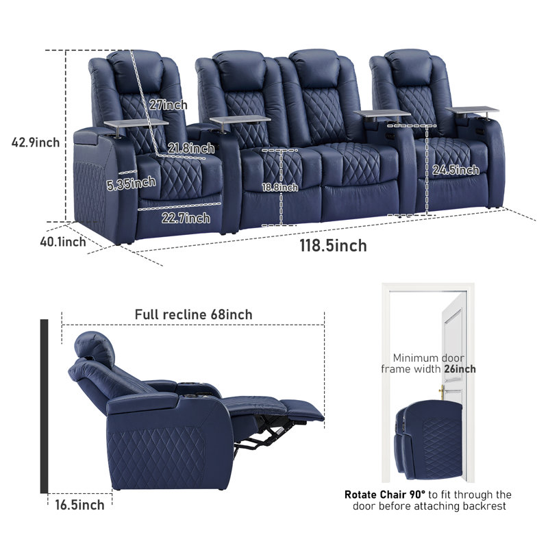 Siège de cinéma individuel en cuir véritable de 112 po de largeur avec porte-gobelet, Bleu