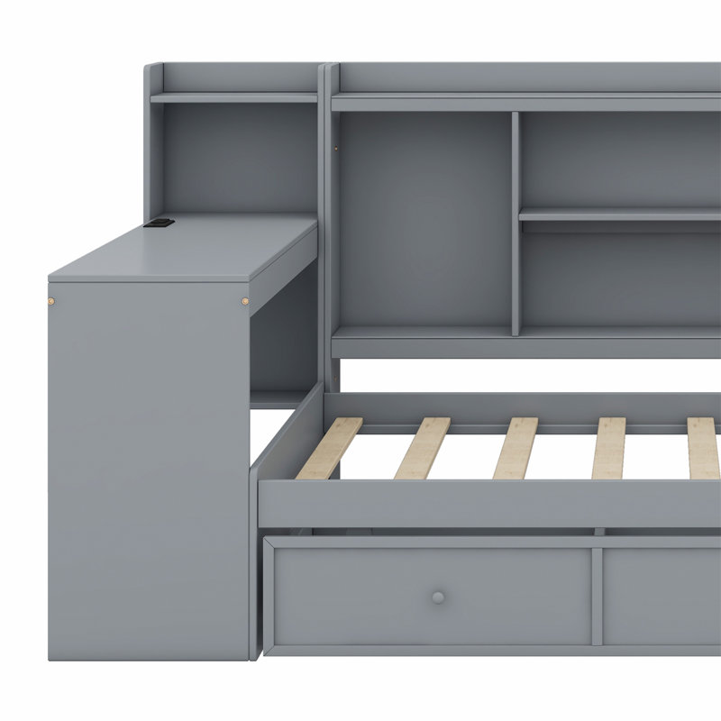 Lit de jour avec 3 tiroirs, ports USB et bureau, Gris