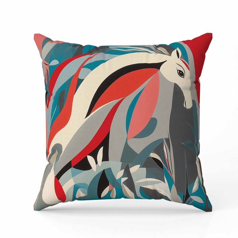 Coussin Mythical Horse, Rouge / Gris, Carré 16 po